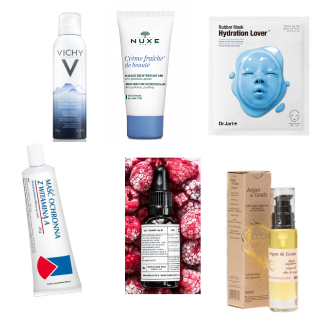 Vichy woda termalna: Nuxe Creme fraiche de beaute: Dr jart+ maseczka nawilżająca: maść ochronna z witaminą a: olejek malinowy minst. dobrego mydła: olej arganowy Argan&Goath.jpg
